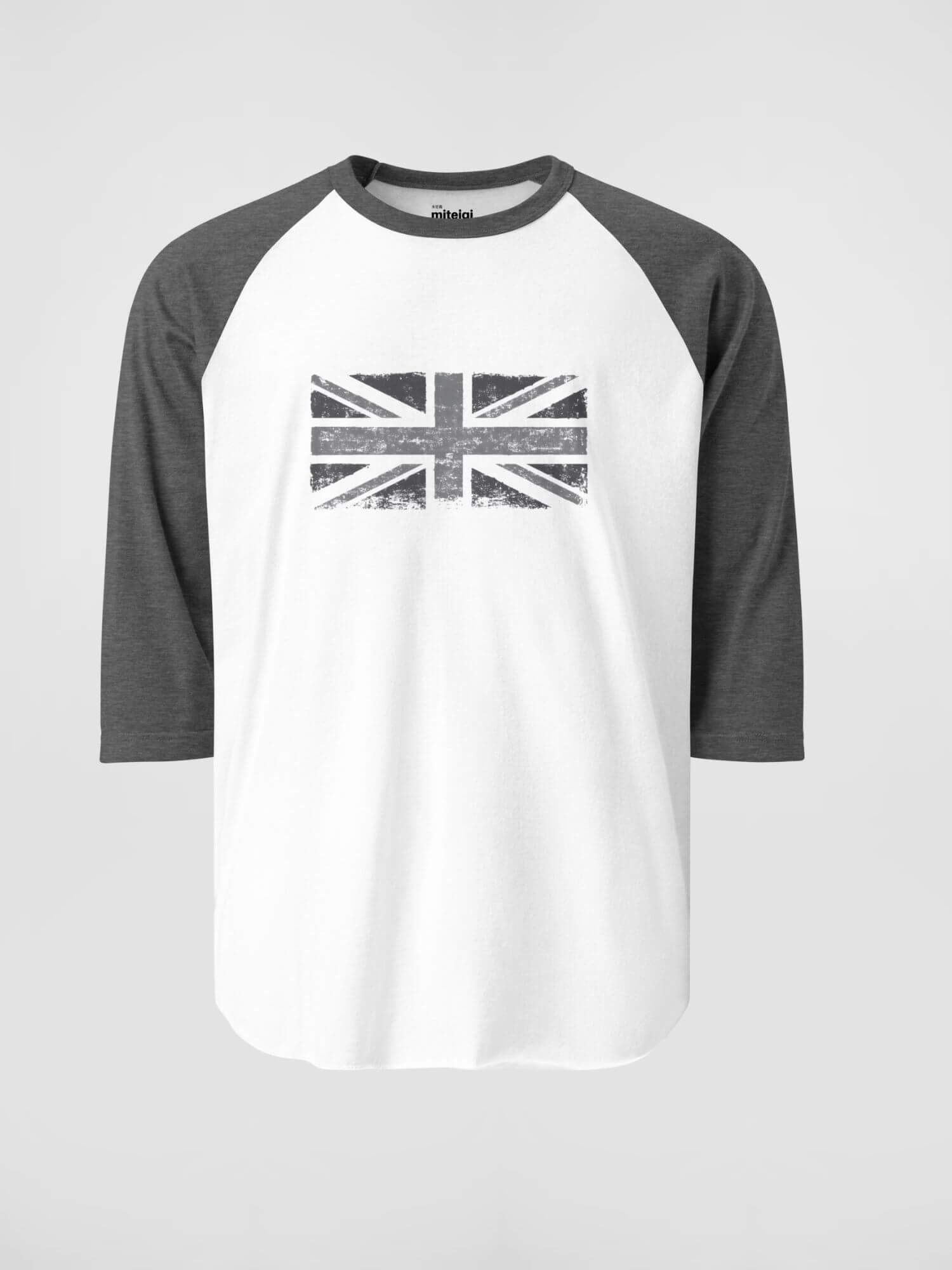 Modern Raglan T-Shirt   Genderful Unisex Anywear Mens Women’s Summer Tees Union Jack British Flag in grey round crewneck O-neck U.K. United Kingdom punkrock gothic streetwear tops  ¾ sleeves petite-, tall-, plus-, size crew neck fashion T-shirts for Man Woman in charcoal heather gray and white Men’s Womens Great Britain punk goth grunge y2k styles