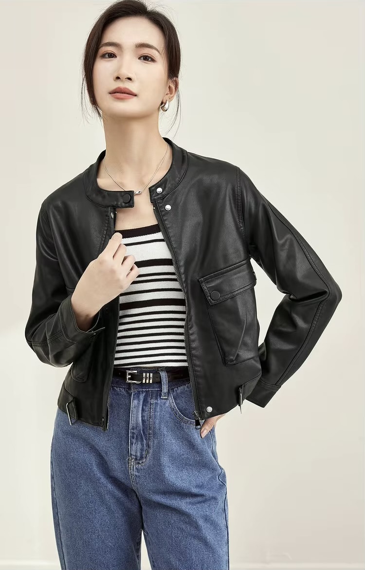 Vegan Leather Crop Jacket      Women’s collarless button-up long sleeves zipper close flap button pockets with buckle hem faux Pu Jackets for woman in black Womens Female outerwear moto biker outewear #W33G49937