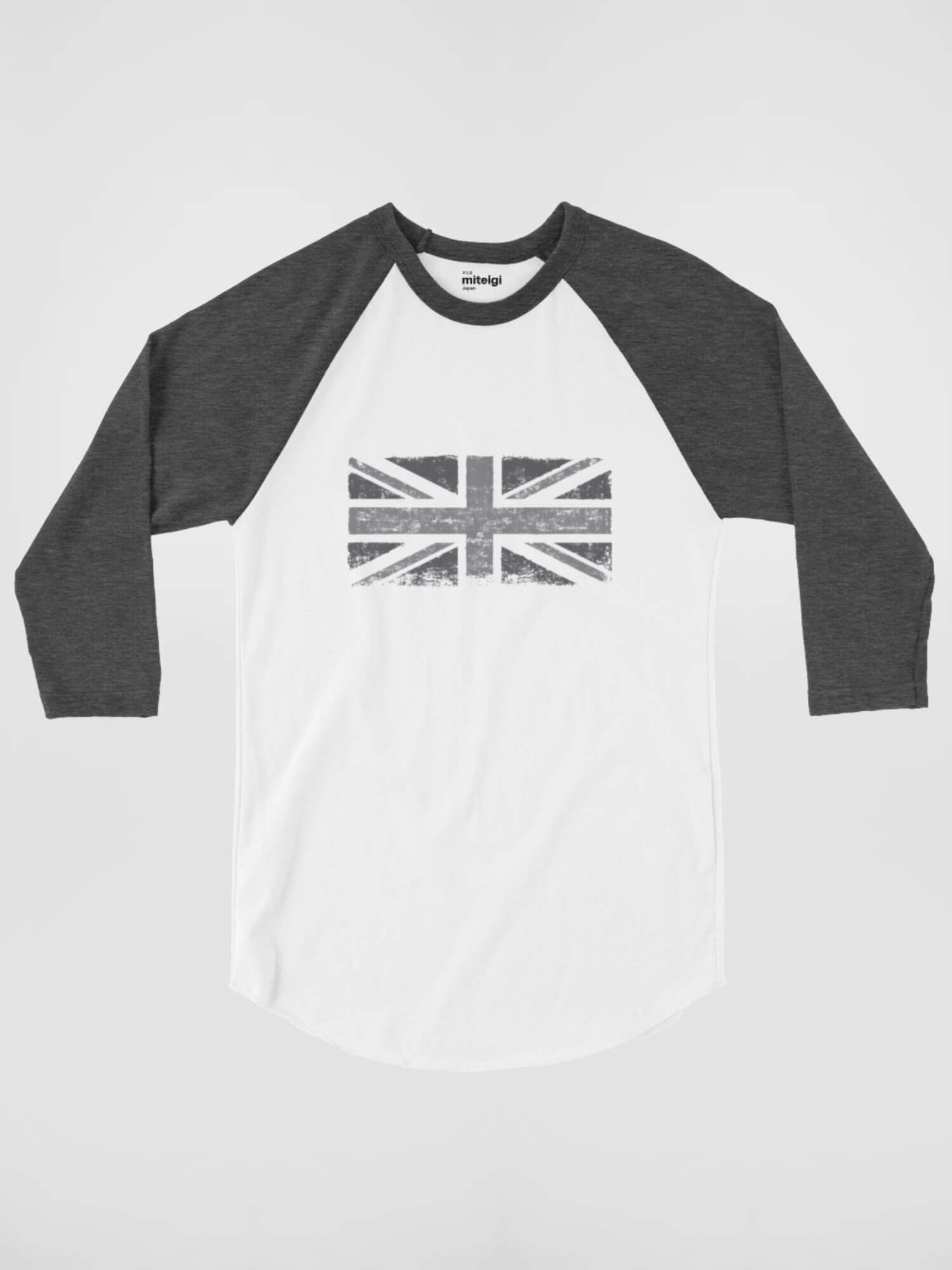 Modern Raglan T-Shirt   Genderful Unisex Anywear Mens Women’s Summer Tees Union Jack British Flag in grey round crewneck O-neck U.K. United Kingdom punkrock gothic streetwear tops  ¾ sleeves petite-, tall-, plus-, size crew neck fashion T-shirts for Man Woman in charcoal heather gray and white Men’s Womens Great Britain punk goth grunge y2k styles