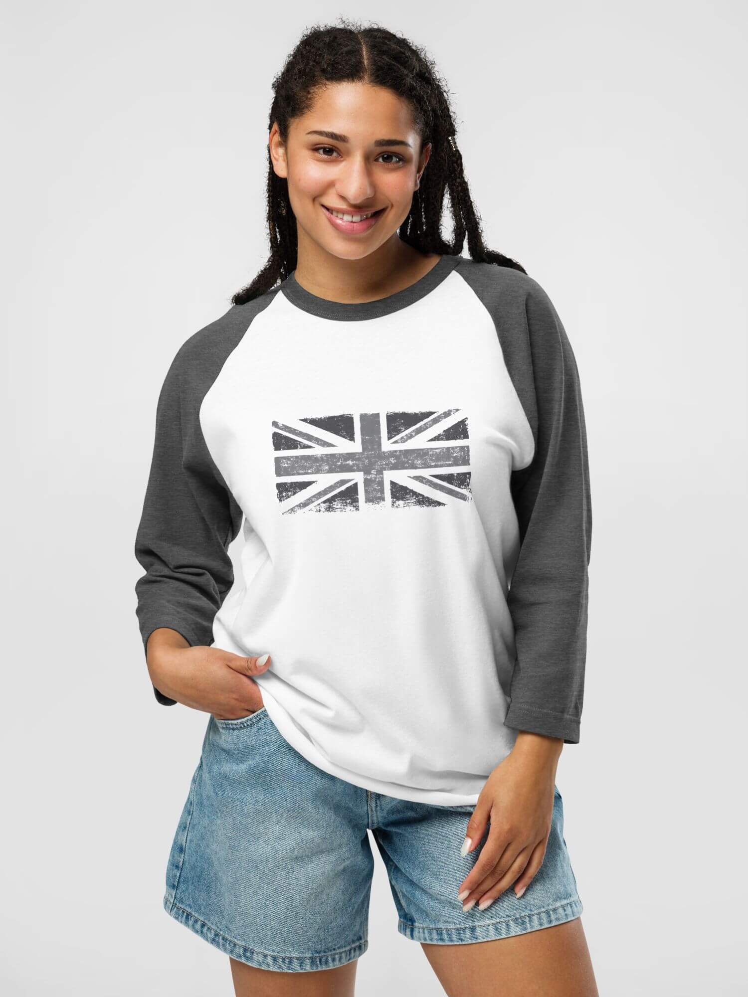 Modern Raglan T-Shirt   Genderful Unisex Anywear Mens Women’s Summer Tees Union Jack British Flag in grey round crewneck O-neck U.K. United Kingdom punkrock gothic streetwear tops  ¾ sleeves petite-, tall-, plus-, size crew neck fashion T-shirts for Man Woman in charcoal heather gray and white Men’s Womens Great Britain punk goth grunge y2k styles
