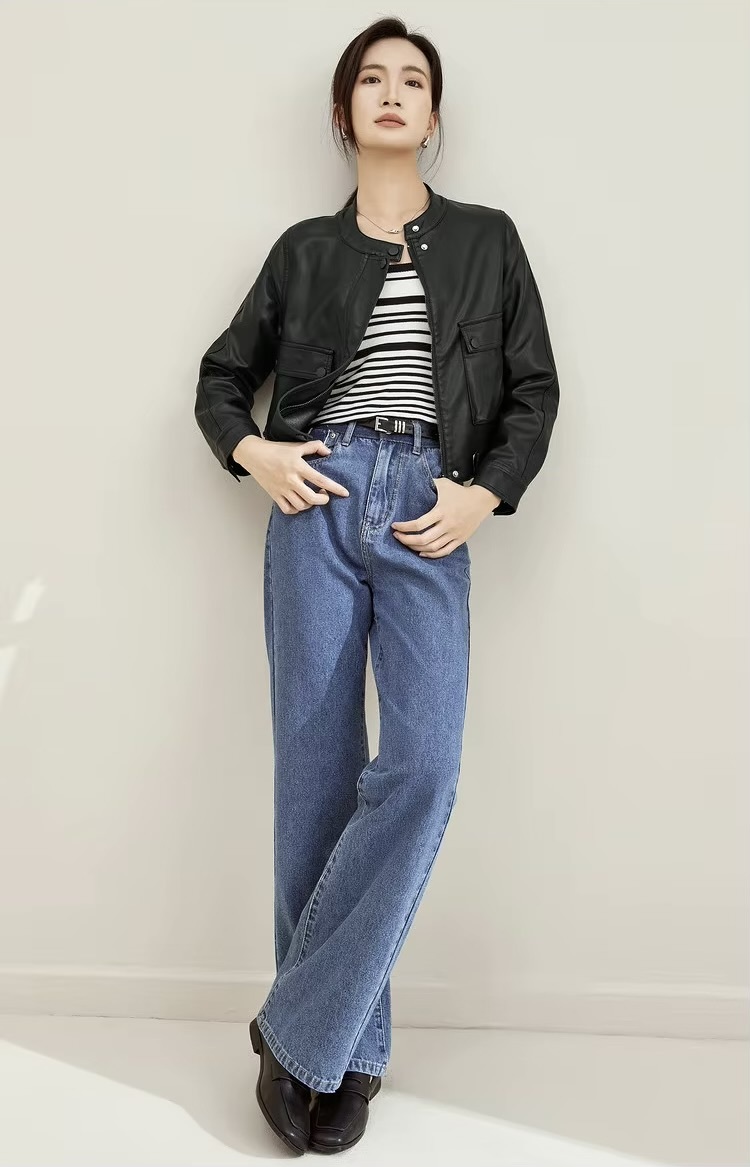 Vegan Leather Crop Jacket      Women’s collarless button-up long sleeves zipper close flap button pockets with buckle hem faux Pu Jackets for woman in black Womens Female outerwear moto biker outewear #W33G49937