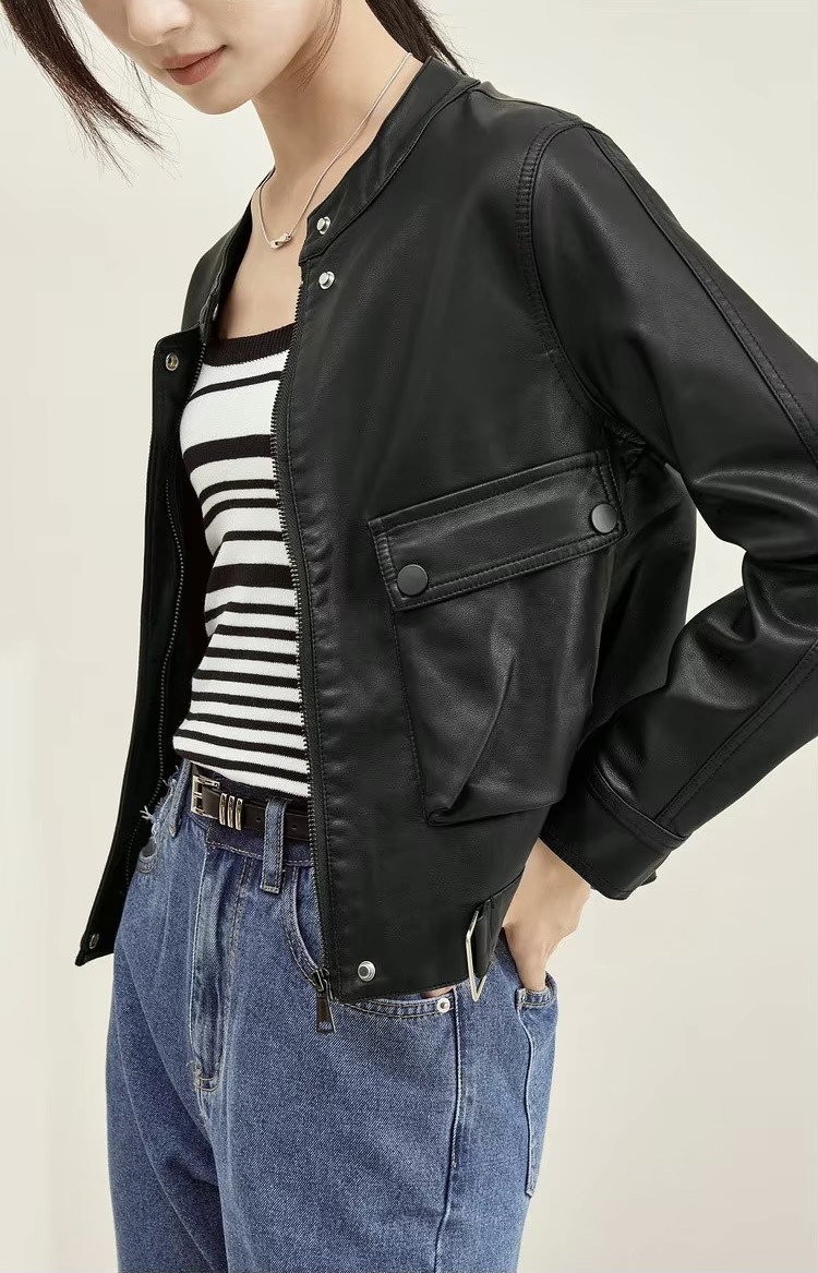 Vegan Leather Crop Jacket      Women’s collarless button-up long sleeves zipper close flap button pockets with buckle hem faux Pu Jackets for woman in black Womens Female outerwear moto biker outewear #W33G49937
