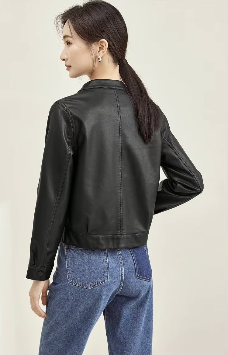 Vegan Leather Crop Jacket      Women’s collarless button-up long sleeves zipper close flap button pockets with buckle hem faux Pu Jackets for woman in black Womens Female outerwear moto biker outewear #W33G49937