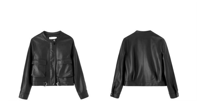 Vegan Leather Crop Jacket      Women’s collarless button-up long sleeves zipper close flap button pockets with buckle hem faux Pu Jackets for woman in black Womens Female outerwear moto biker outewear #W33G49937