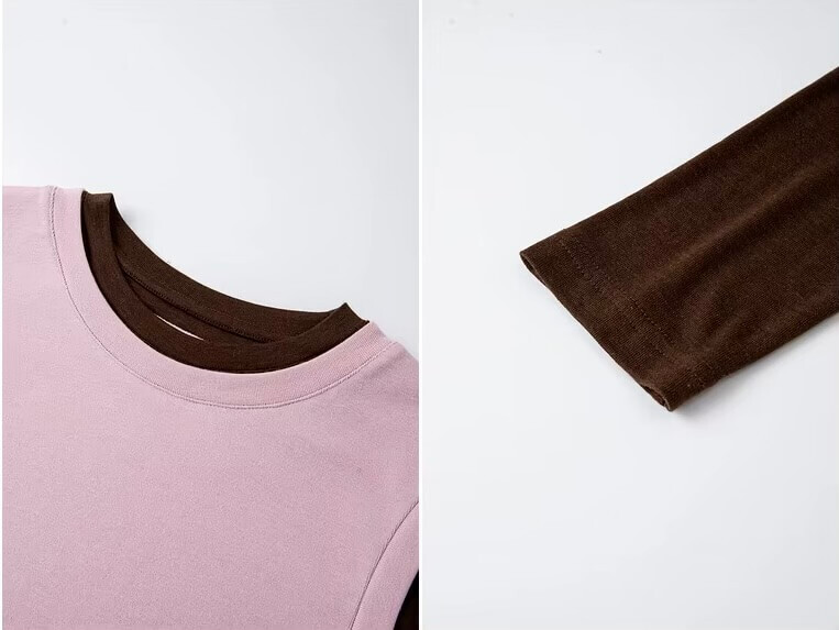 Modern Women&rsquo;s woman womens Men&rsquo;s man mens petite-, tall-, plus-, size Spring Summer holiday vacation getaway commuter office wfh workwear Fashion Fake Two-Piece Top Crewneck Lyocell Design Sense Contrast Color patchwork Long Sleeves T-Shirt Casual round O-Neck Tops T-Shirts in pink with coffee brown