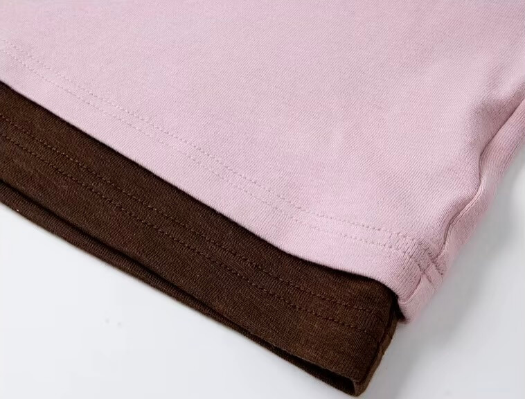 Modern Women&rsquo;s woman womens Men&rsquo;s man mens petite-, tall-, plus-, size Spring Summer holiday vacation getaway commuter office wfh workwear Fashion Fake Two-Piece Top Crewneck Lyocell Design Sense Contrast Color patchwork Long Sleeves T-Shirt Casual round O-Neck Tops T-Shirts in pink with coffee brown