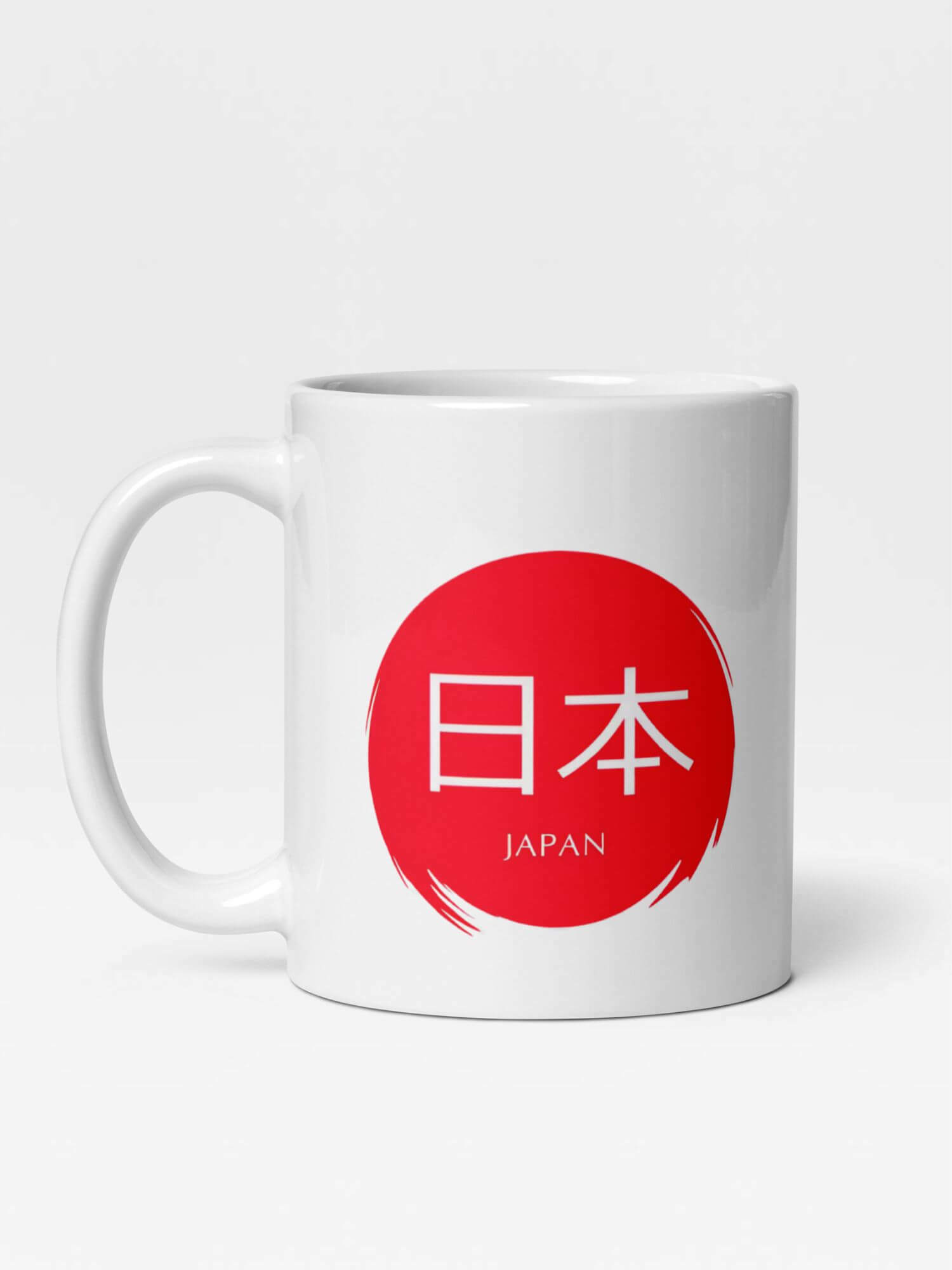 Glossy Japan Mug    Japanese country design drinks cup coffee, tea, juice, milk drinking cups miteigi-Logo branded product item tumblers ceramics cartoon pattern in white with red design collections Japan nippon JPN Nihon cities souvenirs collectors mugs