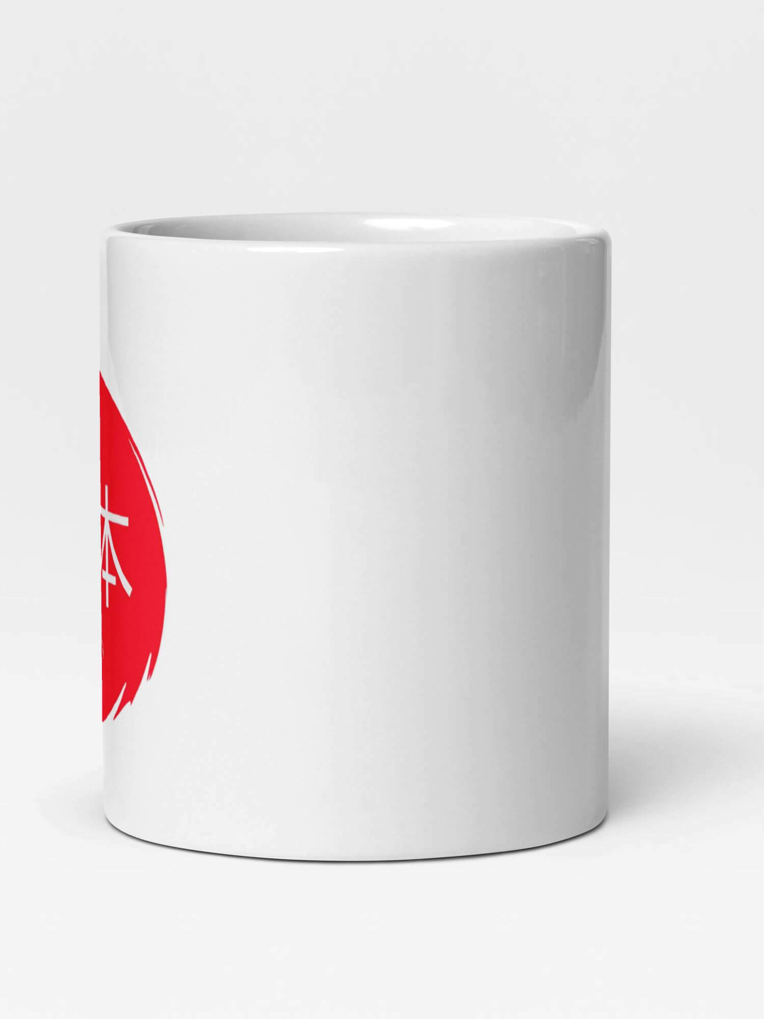 Glossy Japan Mug    Japanese country design drinks cup coffee, tea, juice, milk drinking cups miteigi-Logo branded product item tumblers ceramics cartoon pattern in white with red design collections Japan nippon JPN Nihon cities souvenirs collectors mugs