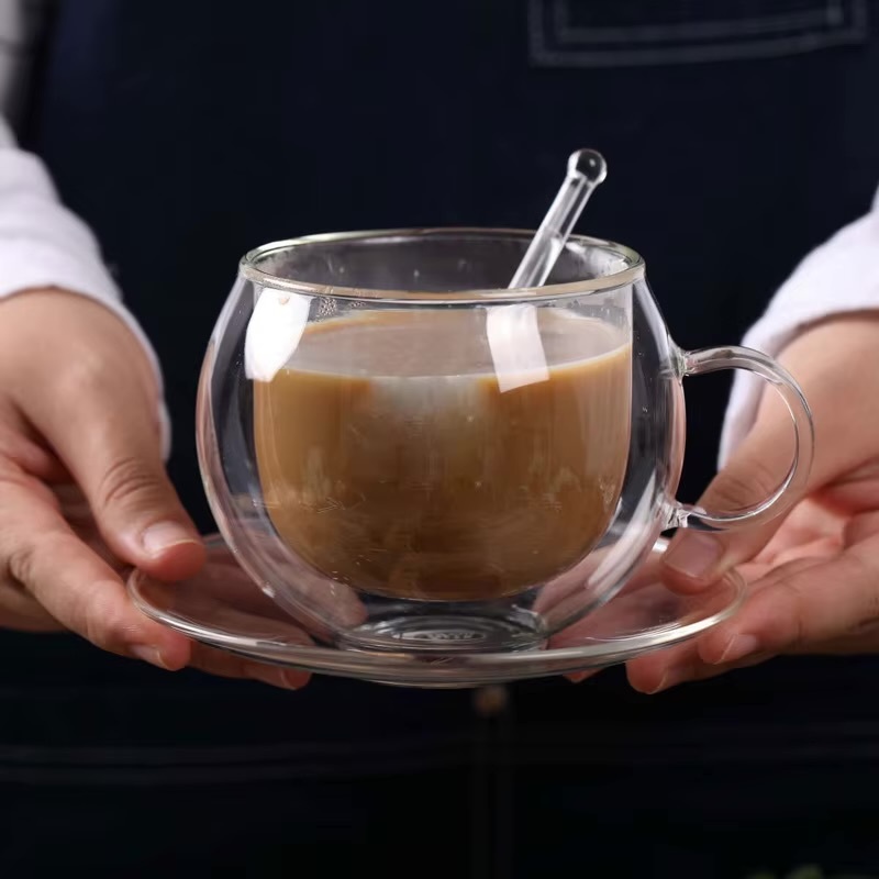 Transparent clear Glass Coffee Cup, Saucer and Spoon Set Handheld Double Wall Insulated Heat Resistant Drinking Glasses for Tea Latte Cappuccino cups