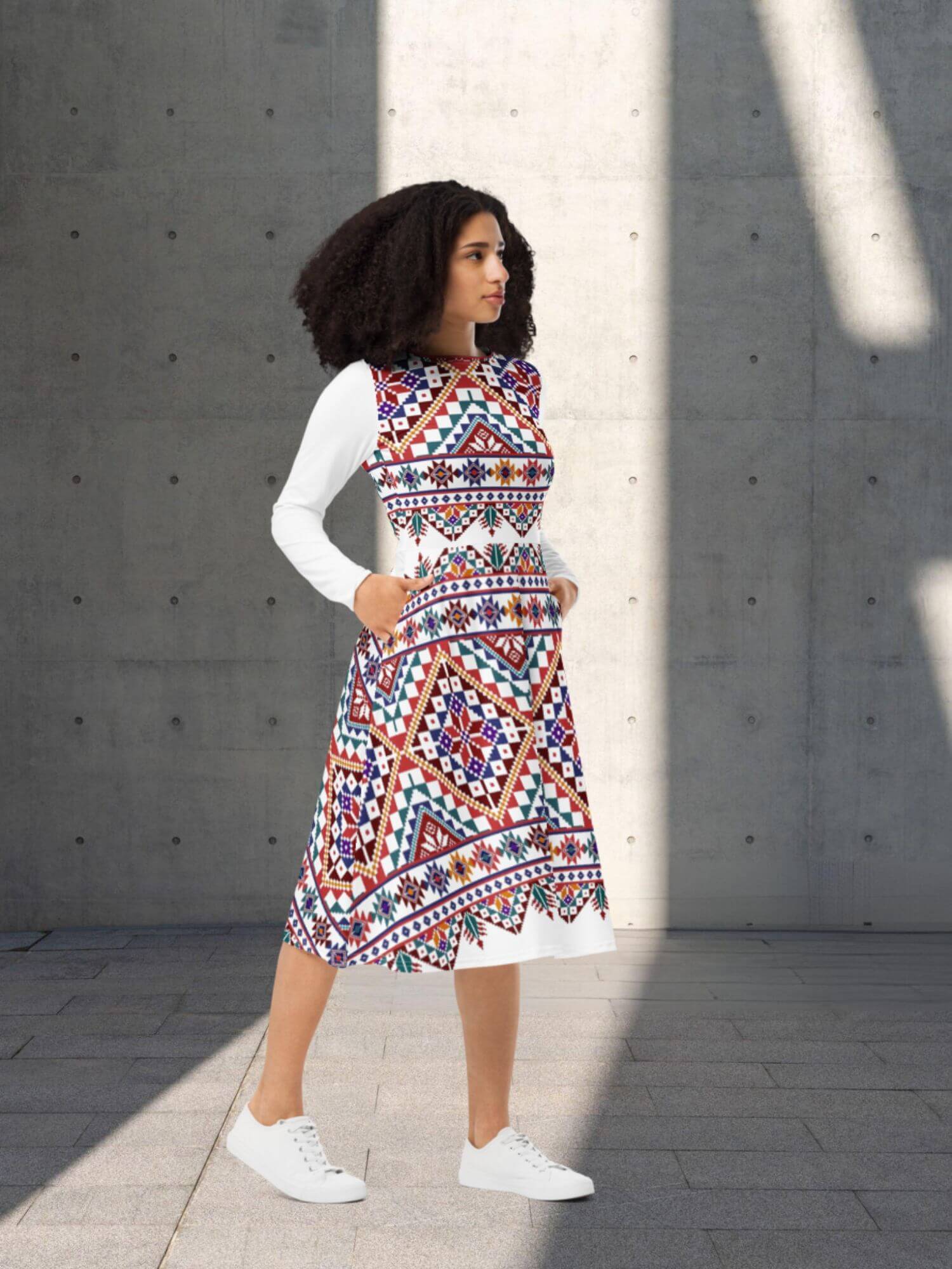 Trad Print Midi Dress   Women’s long sleeves boatneck traditional Palestinian pattern print dresses for woman in white with red multi color Womens petite-, tall-, plus-, size round O-neck Palestine design