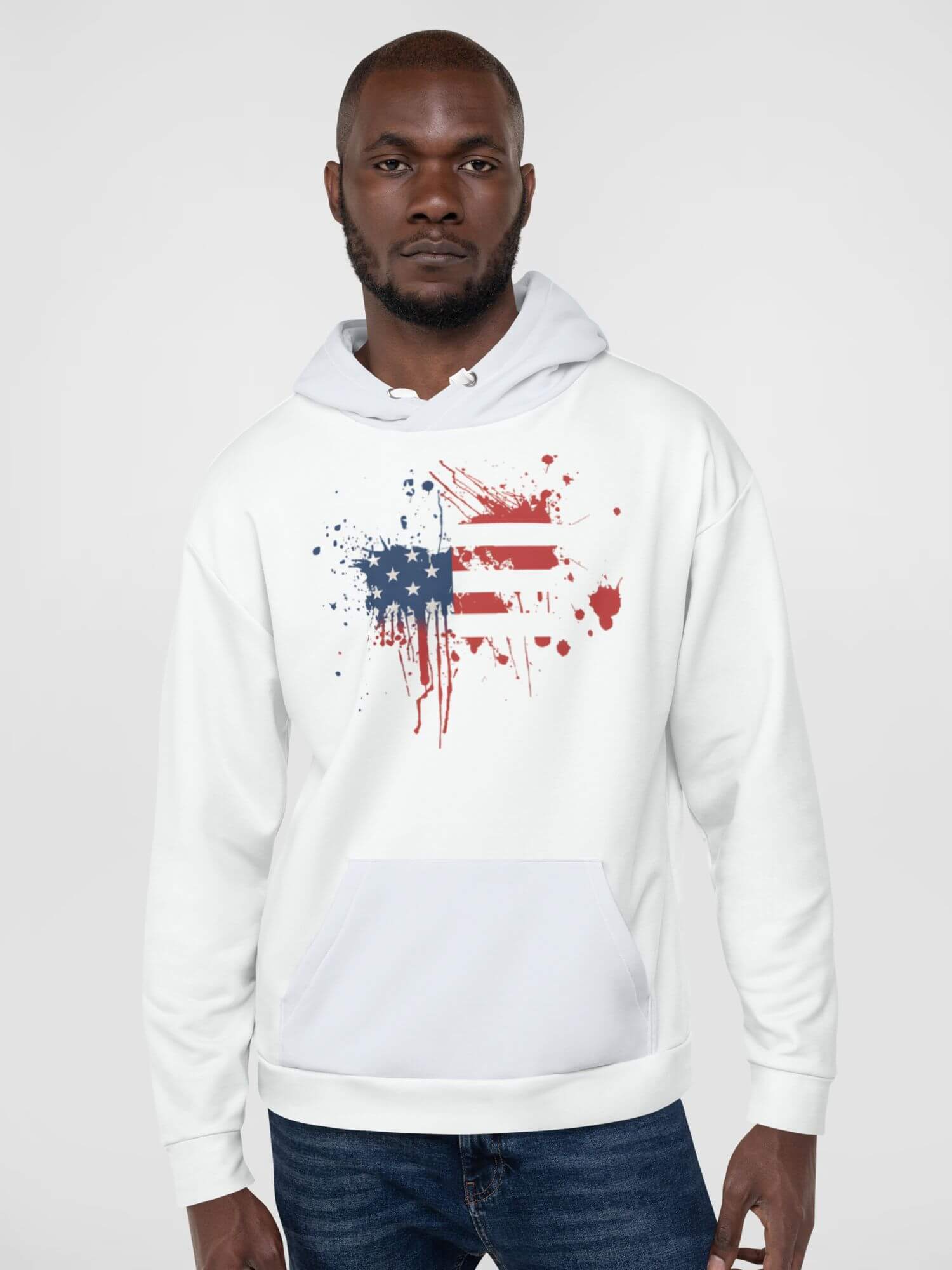 The Patriot Soft Hoodie USA white    Genderful Vintage Unisex anywear Men’s Women’s American long sleeves kanga kangaroo pouch pocket hooded neckline with drawcords fitness gym Sweatshirt for man woman in white with light blue pocket and hood and red blue graphical map of the United States of America design Mens Womens everyday use petite-  tall-, plus-, size activewear USA sportswear sweatshirts hoodies