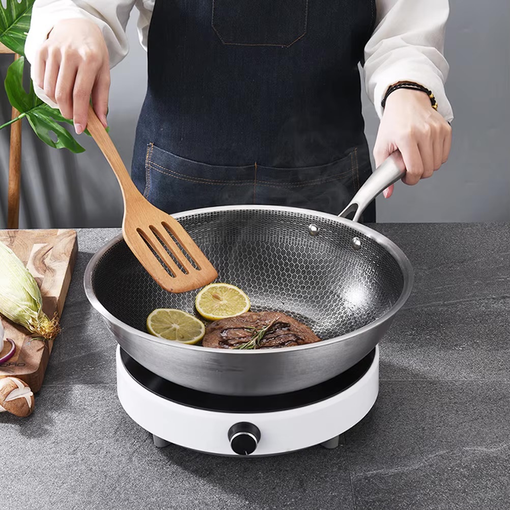 Stainless Steel Non Stick Wok Pan   Kitchen frying portable stir-fry cookware Woks for gas stove, electric ceramic furnace, electric furnace utility pans tools in silver ash Gray grey color
