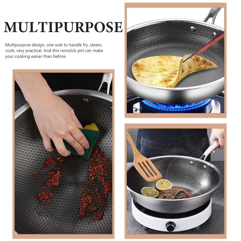 Stainless Steel Non Stick Wok Pan   Kitchen frying portable stir-fry cookware Woks for gas stove, electric ceramic furnace, electric furnace utility pans tools in silver ash Gray grey color