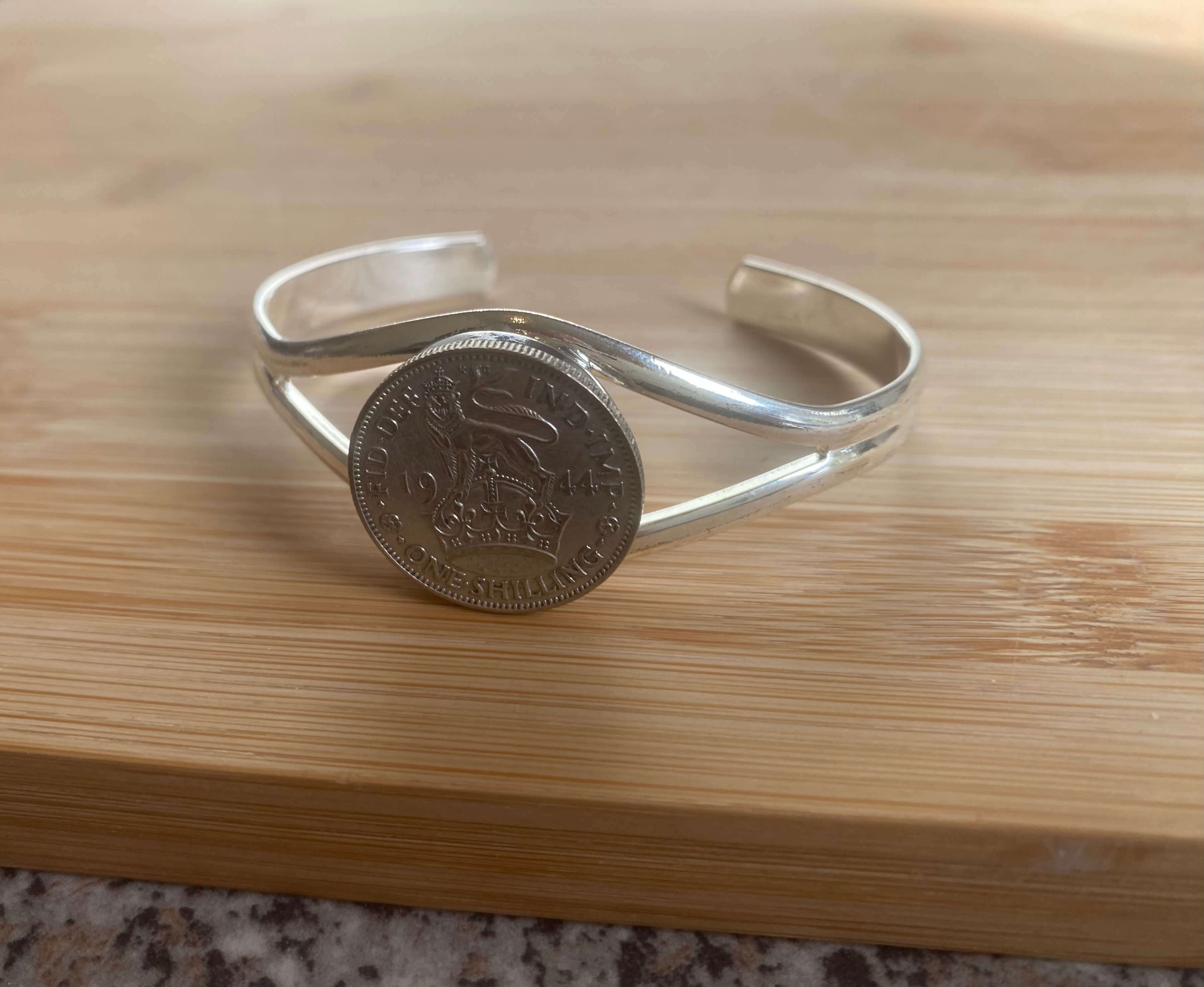 1944 Shilling Coin Bracelet  UK British silver coins jewelry Collectors coinage antique King George Vl Vintage gifting anniversary bangles  jewellery bracelets collection Birthday present