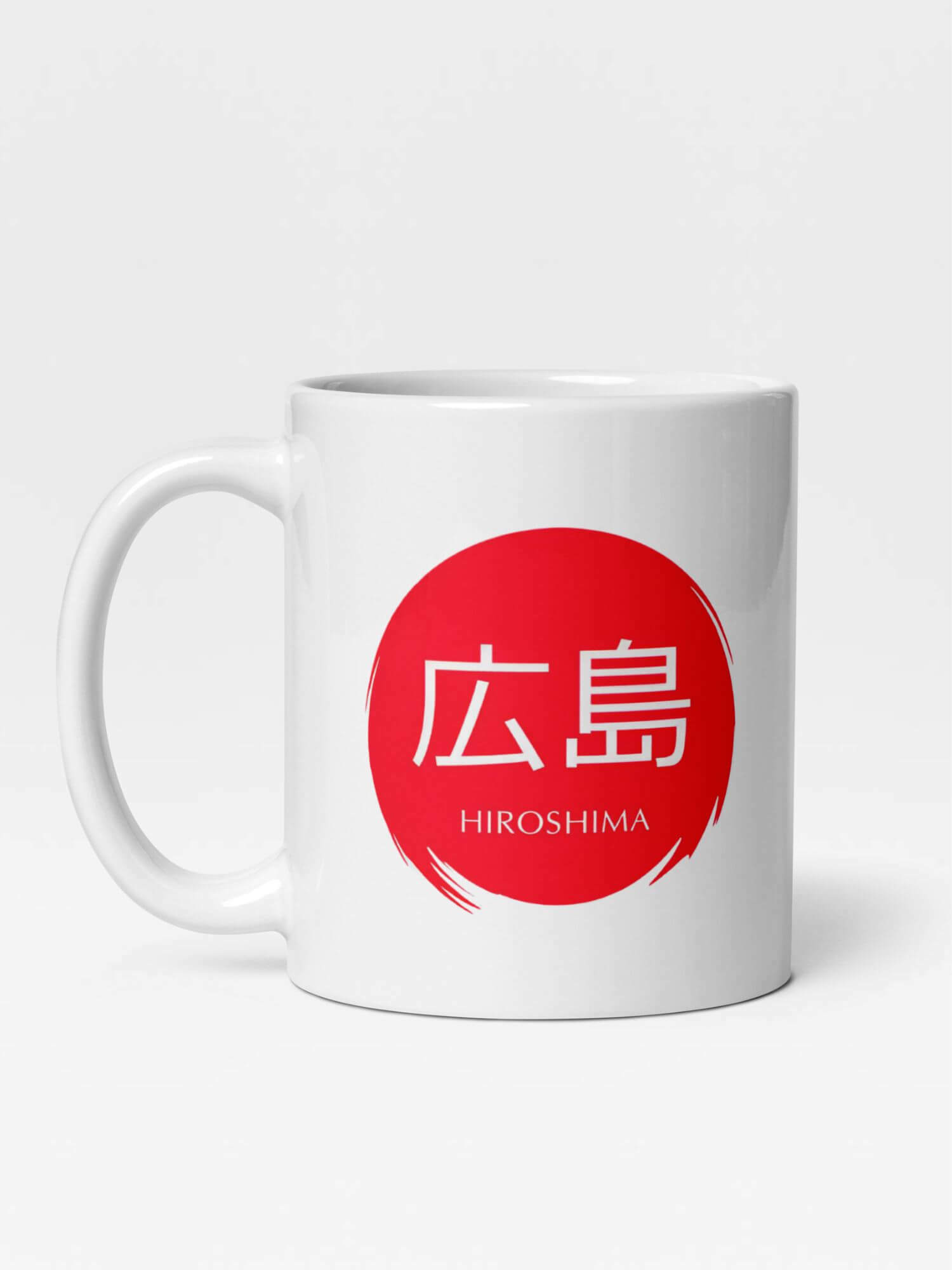 Glossy Hiroshima Mug    Japanese country city design drinks cup coffee, tea, juice, milk drinking cups miteigi-Logo branded product item tumblers ceramics cartoon pattern in white with red design collections Japan nippon JPN Nihon cities souvenirs collectors mugs