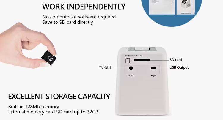 Office Home Digital Film Slide Scanner Converts 35mm Film Scanner for Negatives with 2.4inch LCD 22mp Super 8 to USB Digital Converters with optional 16GB SD Memory Card in white