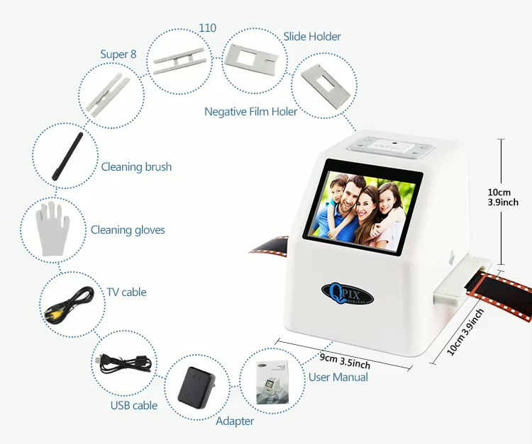 Office Home Digital Film Slide Scanner Converts 35mm Film Scanner for Negatives with 2.4inch LCD 22mp Super 8 to USB Digital Converters with optional 16GB SD Memory Card in white
