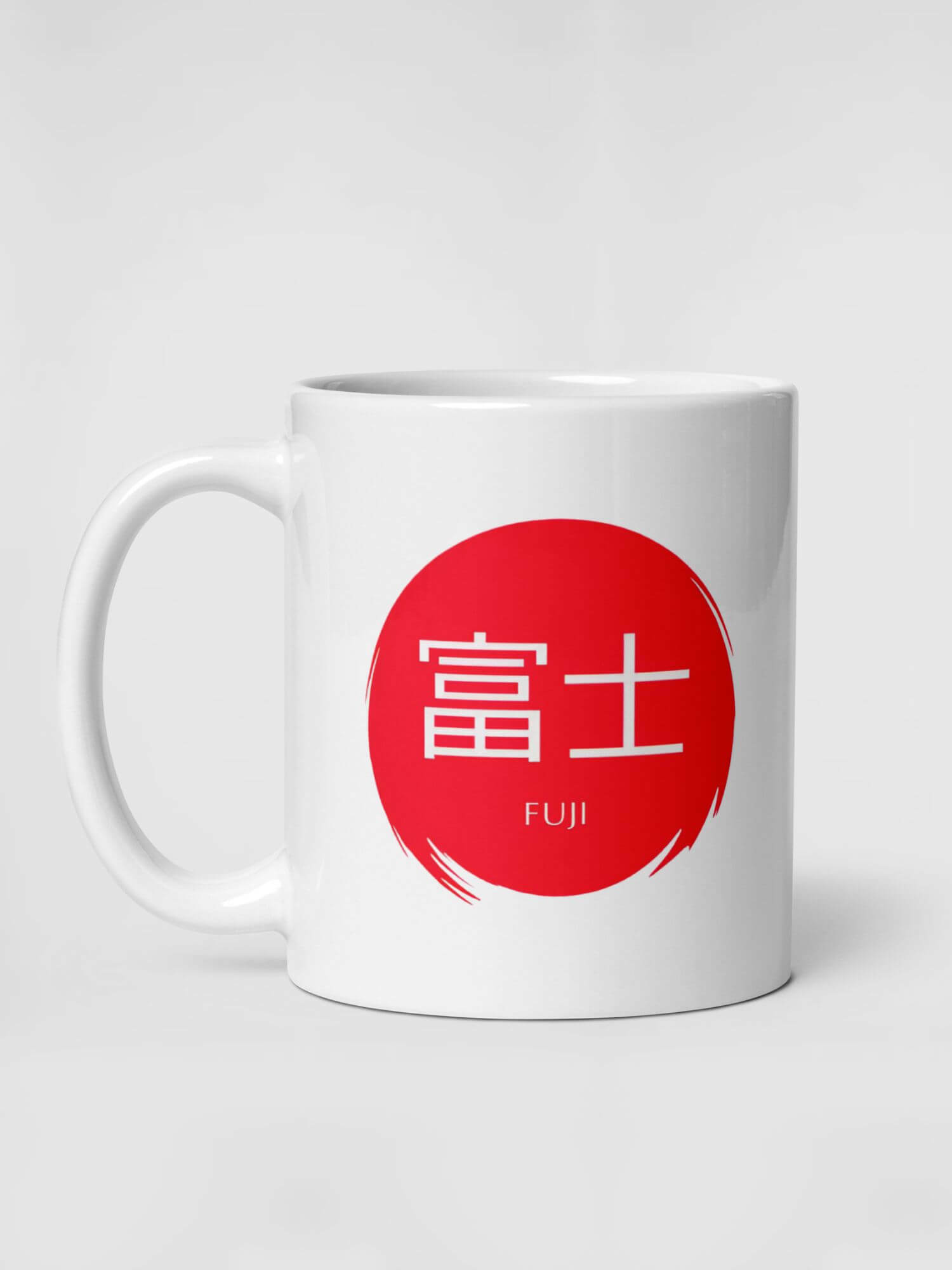 Glossy Fuji Mug    Japanese country city design drinks cup coffee, tea, juice, milk drinking cups miteigi-Logo branded product item tumblers ceramics cartoon pattern in white with red design collections Japan nippon JPN Nihon cities souvenirs collectors mugs