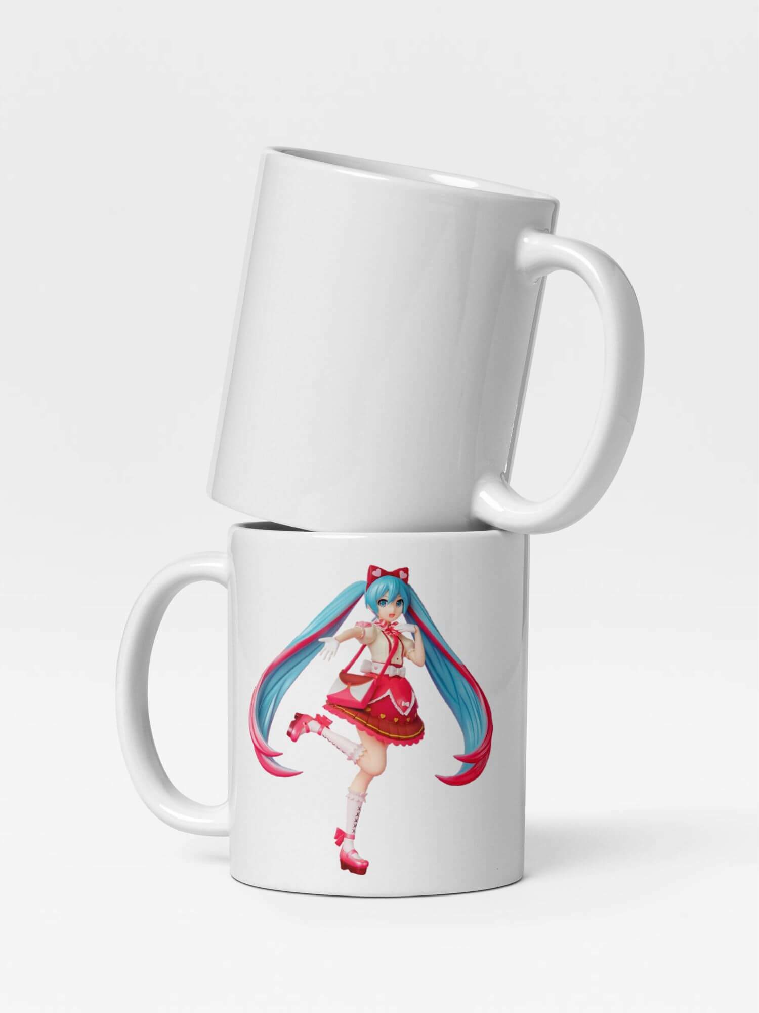 Glossy Hatsune Miku Bow Mug      Cartoon female teens character drinks cup coffee, tea, juice, milk drinking cups miteigi branded product item tumblers ceramics in white with blue green multicolor pattern Ceramic Anime Gifts girls teenagers y2k generation Japanese mugs