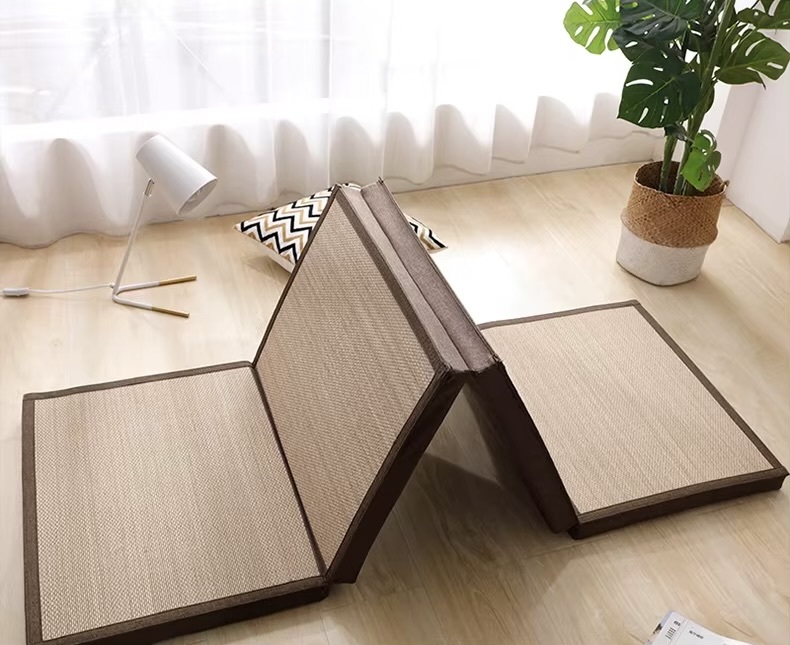 Japanese Foldable Tatami Mat  Comfortable rectangular futon floor mats, 5cm thick folding mattresses for dining-, living-, rooms, bedrooms, soft flooring covers in Light tan brown wood color