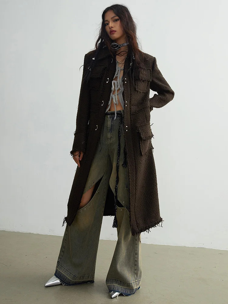 Women’s woman womens Coffee brown patch patch pockets including at chest tassels long elegant woolen turn-down collar lapel long sleeves button-up Jacket Fashion Tide outerwear tasseled coats Autumn Winter outwear