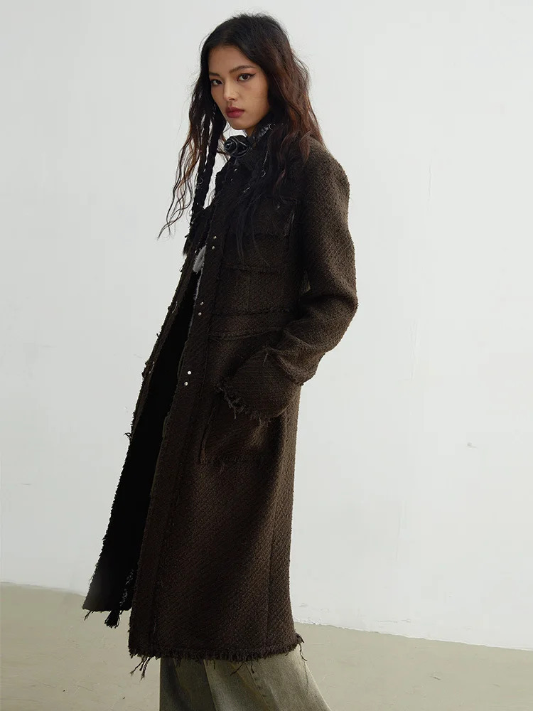 Women’s woman womens Coffee brown patch patch pockets including at chest tassels long elegant woolen turn-down collar lapel long sleeves button-up Jacket Fashion Tide outerwear tasseled coats Autumn Winter outwear