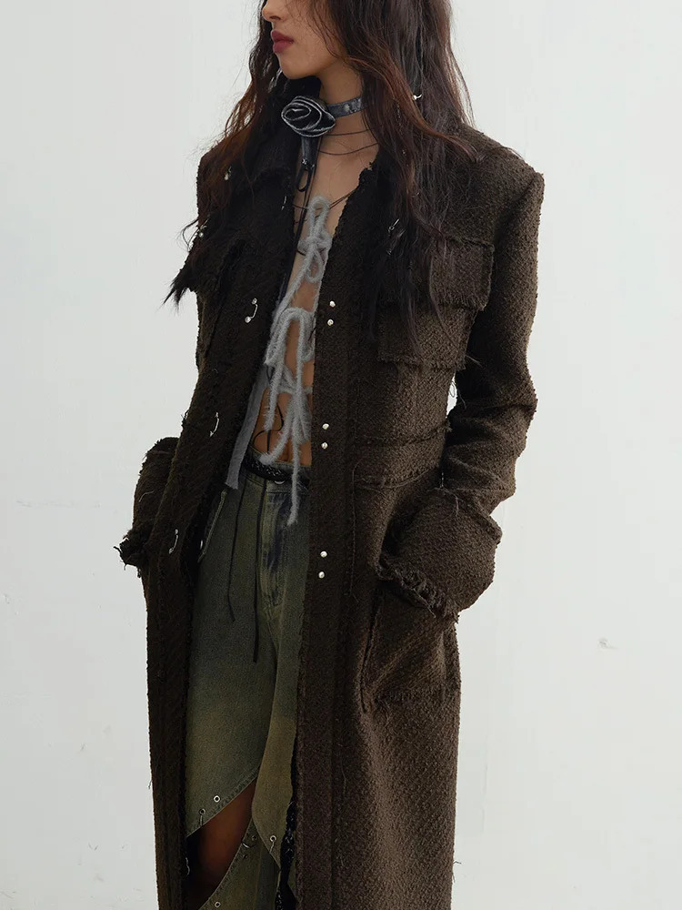 Women’s woman womens Coffee brown patch patch pockets including at chest tassels long elegant woolen turn-down collar lapel long sleeves button-up Jacket Fashion Tide outerwear tasseled coats Autumn Winter outwear