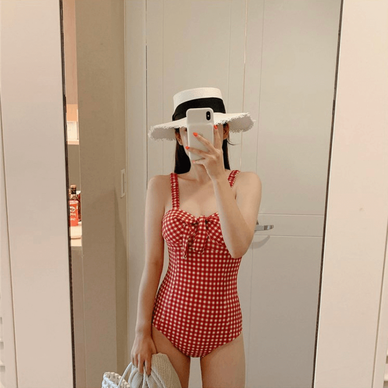 Women’s Sexy Bandeau One Piece Swimsuit plaid swimwear for woman in red with white Womens checkered push up Monokini padded swim suit with bow tall-, plus-, size Trikini bathing Suits Korea Style #DF-7516