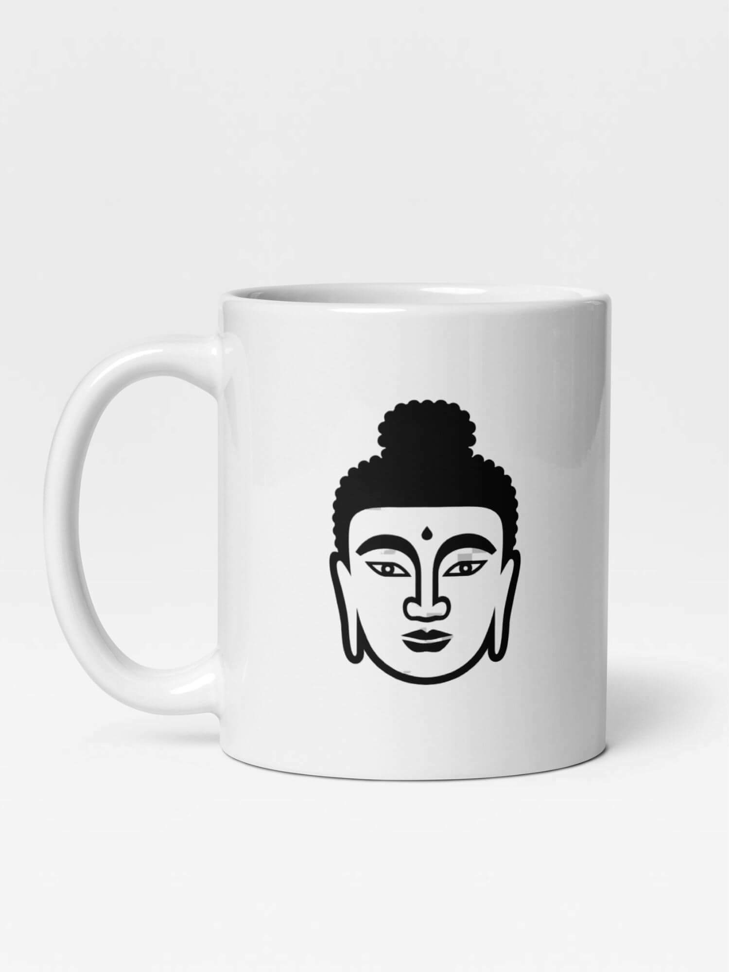 Glossy Buddha Mug   Japanese Thai religious design drinks cup coffee, tea, juice, milk drinking cups miteigi-Logo branded product item tumblers ceramics cartoon pattern in white with black ink design collections Japan nippon JPN Nihon buddhas monk Thailand souvenirs collectors mugs