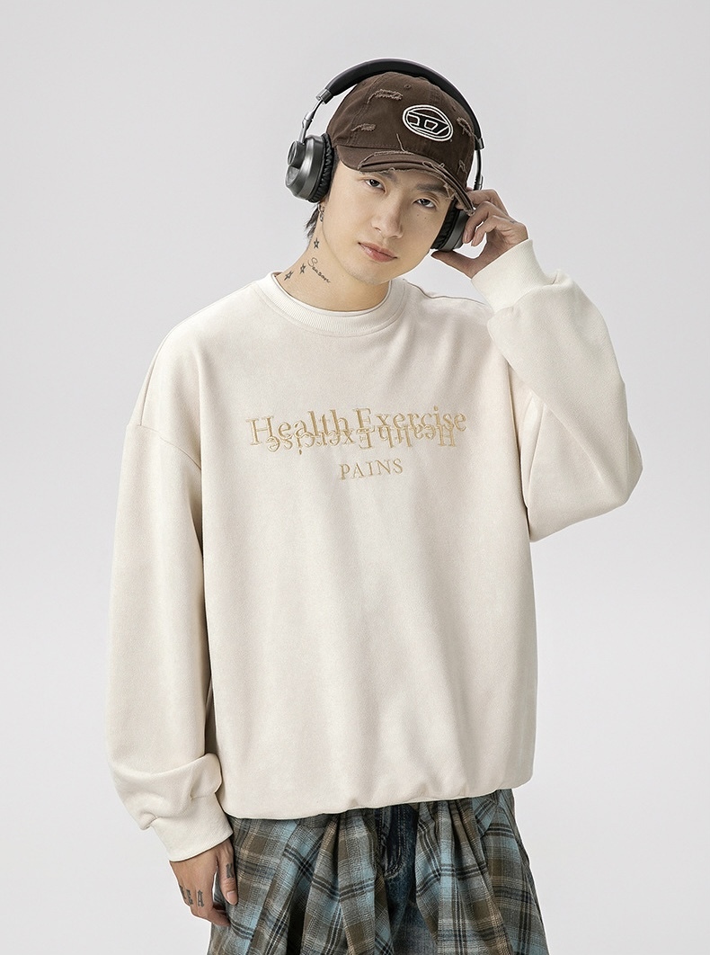 Suede Sweatshirt Men’s Health Exercise PAINS letter embroidery round O-neck Fall Autumn long sleeves crewneck baggy sweatshirts for Couples man woman Casual crew neck streetwear mens womens unisex Genderful fashion in apricot