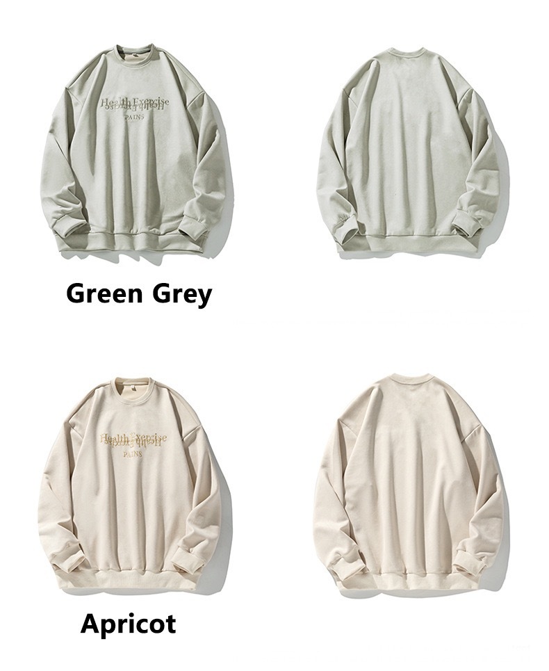 Suede Sweatshirt   Men’s Health Exercise PAINS letter embroidery round O-neck Fall Autumn long sleeves crewneck baggy sweatshirts for Couples man woman Casual crew neck streetwear mens womens unisex Genderful fashion in green-gray gray, apricot