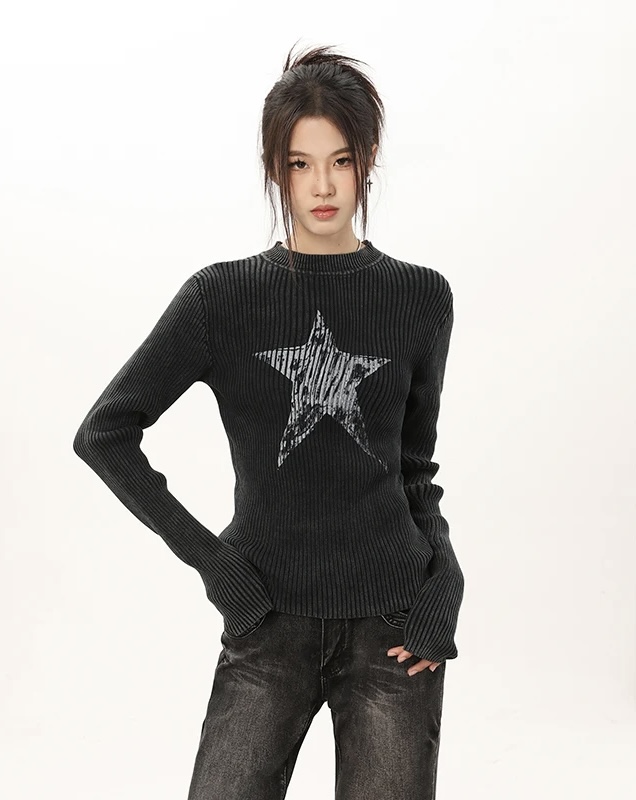 Crewneck Graphic Sweater  Women’s Gothic Black Star Womens Grunge Autumn Y2k Vintage Round O-neck Ribbed Knitted Pullovers Goth Short Jumpers Kpop Korean Fashion Plus size Sweaters for Woman