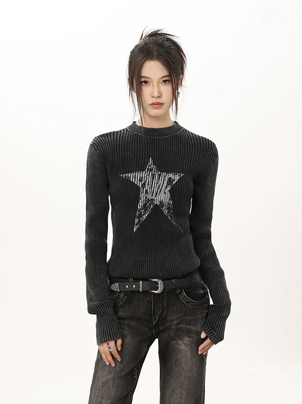 Crewneck Graphic Sweater  Women’s Gothic Black Star Womens Grunge Autumn Y2k Vintage Round O-neck Ribbed Knitted Pullovers Goth Short Jumpers Kpop Korean Fashion Plus size Sweaters for Woman