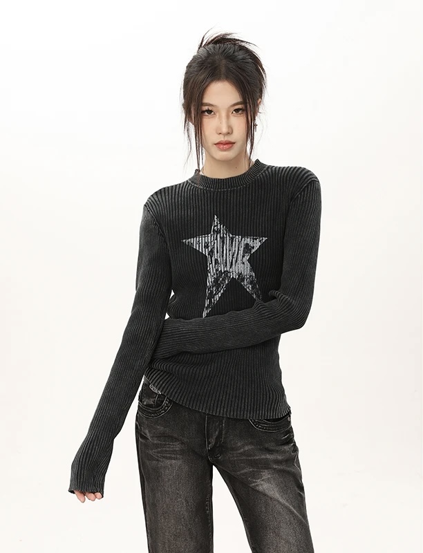 Crewneck Graphic Sweater  Women’s Gothic Black Star Womens Grunge Autumn Y2k Vintage Round O-neck Ribbed Knitted Pullovers Goth Short Jumpers Kpop Korean Fashion Plus size Sweaters for Woman