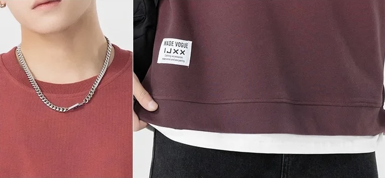 Fake Two Piece Sweatshirt  Men’s long sleeves with band cuffs round crewneck for Couples Baggy sports fitness Tracksuit tops for man Crew neck Fall Autumn Winter Spring mens O-neck banded sweatshirts in Red, plus-, tall-, size side hem slit fashion style