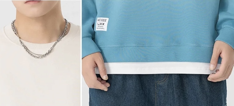 Fake Two Piece Sweatshirt  Men’s long sleeves with band cuffs round crewneck for Couples Baggy sports fitness Tracksuit tops for man Crew neck Fall Autumn Winter Spring mens O-neck banded sweatshirts in Apricot light blu, plus-, tall-, size side hem slit fashion style