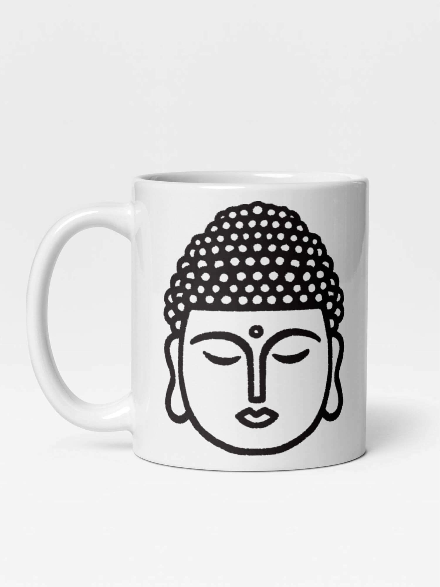 Glossy Buddha Face Mug   Japanese Thai religious design drinks cup coffee, tea, juice, milk drinking cups miteigi-Logo branded product item tumblers ceramics cartoon pattern in white with black ink design collections Japan nippon JPN Nihon buddhas monk Thailand souvenirs collectors mugs