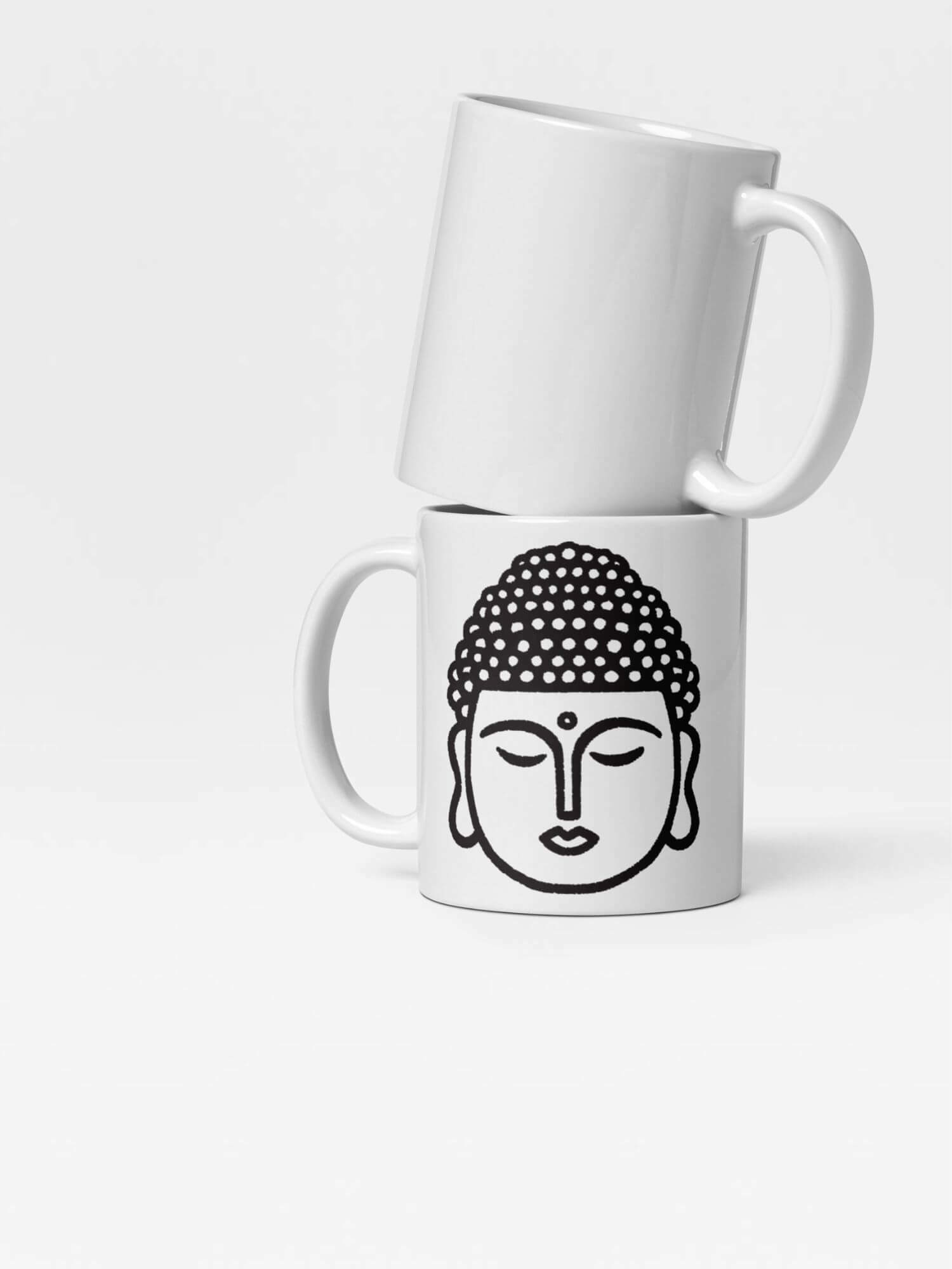 Glossy Buddha Face Mug   Japanese Thai religious design drinks cup coffee, tea, juice, milk drinking cups miteigi-Logo branded product item tumblers ceramics cartoon pattern in white with black ink design collections Japan nippon JPN Nihon buddhas monk Thailand souvenirs collectors mugs