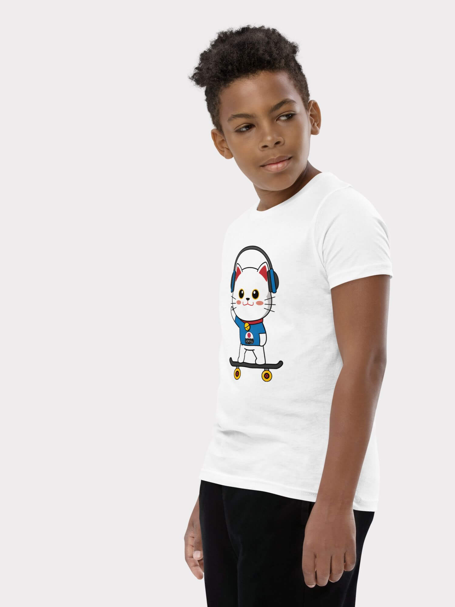 Kids TYO Gold T-Shirt     Kids boys earphones TOKYO letter cat skateboarding 100% cotton crewneck short sleeves T-shirts in white with multi color round o-neck character cartoon anime Children’s Tops Childrens Tees