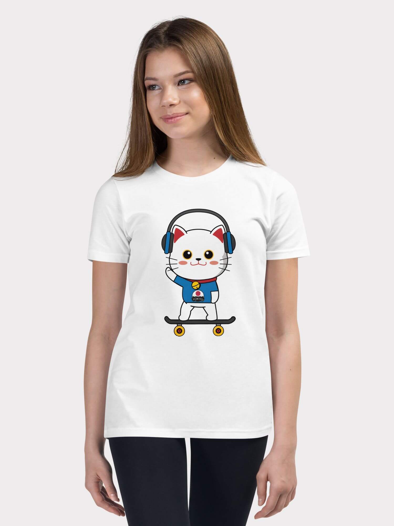 Kids TYO Gold T-Shirt     Kids girls earphones TOKYO letter cat skateboarding 100% cotton crewneck short sleeves T-shirts in white with multi color round o-neck character cartoon anime Children’s Tops Childrens Girl Tees