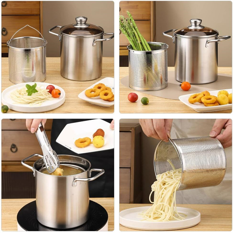 Deep Fryer Pot Set 3L     Stainless steel frying pot with mesh steamer basket Japanese Tempura fryer Pots with lid and tong cookware for Kitchen BBQ Barbecue cooking in silver color #JT230
