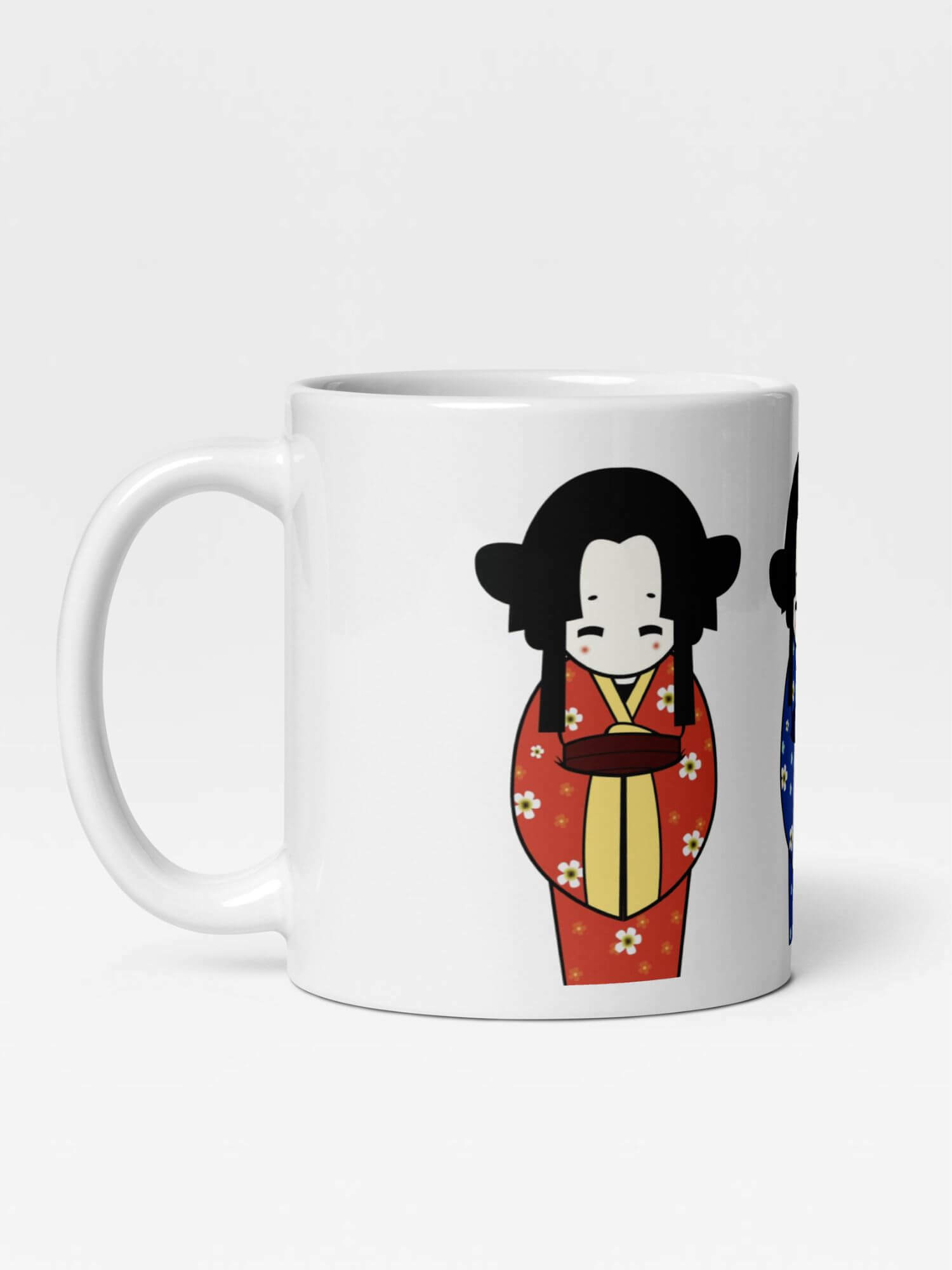 Glossy Geisha Girls Mug        Japan Cartoon traditional Geisha Kimono woman character drinks cup coffee, tea, juice, milk drinking cups miteigi branded product item tumblers ceramics in white with red blue golden pattern Ceramic Anime Gifts girl kimonos hand fan teenagers y2k generation Japanese souvenirs mugs