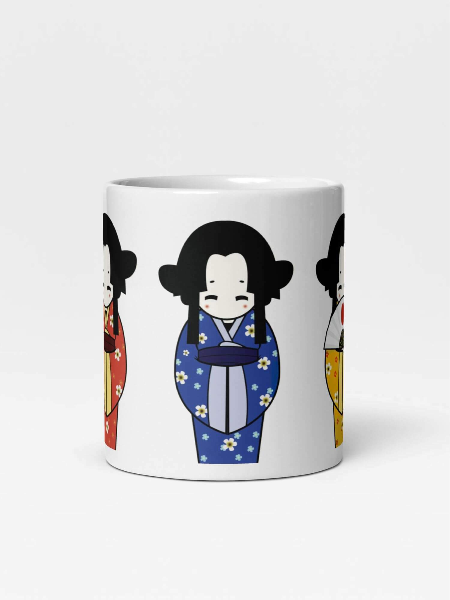 Glossy Geisha Girls Mug        Japan Cartoon traditional Geisha Kimono woman character drinks cup coffee, tea, juice, milk drinking cups miteigi branded product item tumblers ceramics in white with red blue golden pattern Ceramic Anime Gifts girl kimonos hand fan teenagers y2k generation Japanese souvenirs mugs