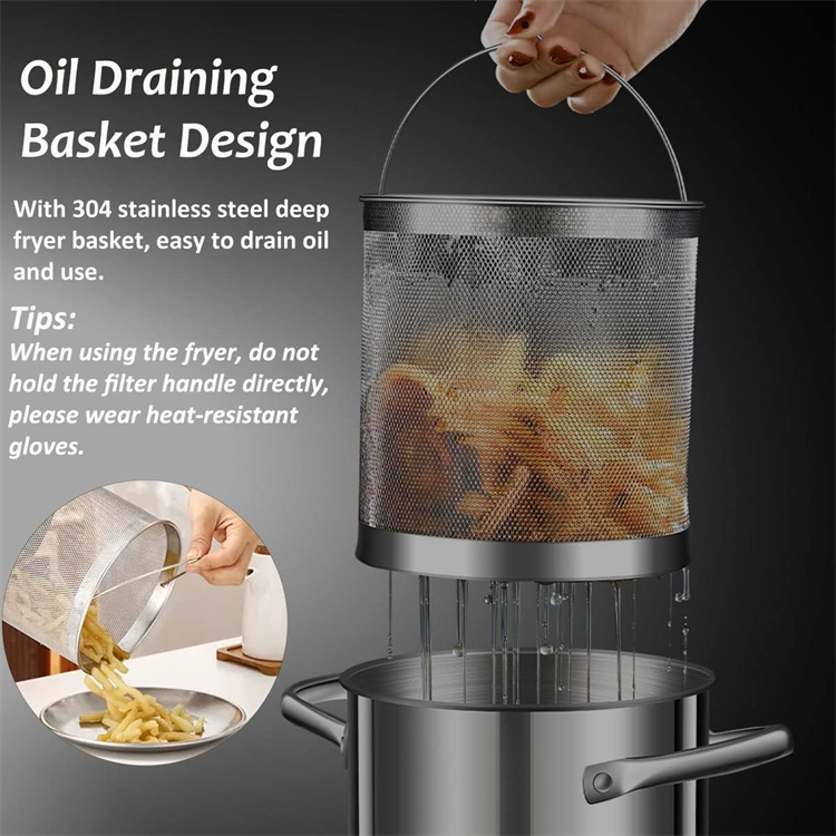 Deep Fryer Pot Set 3L     Stainless steel frying pot with mesh steamer basket Japanese Tempura fryer Pots with lid and tong cookware for Kitchen BBQ Barbecue cooking in silver color #JT230