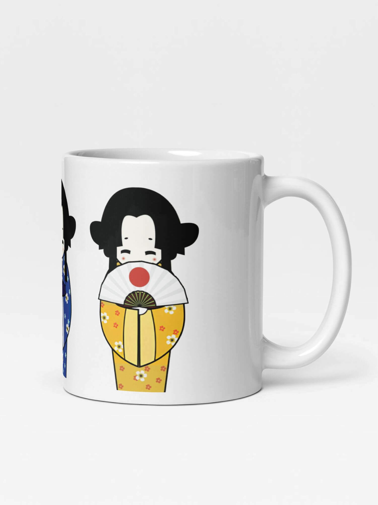 Glossy Geisha Girls Mug        Japan Cartoon traditional Geisha Kimono woman character drinks cup coffee, tea, juice, milk drinking cups miteigi branded product item tumblers ceramics in white with red blue golden pattern Ceramic Anime Gifts girl kimonos hand fan teenagers y2k generation Japanese souvenirs mugs