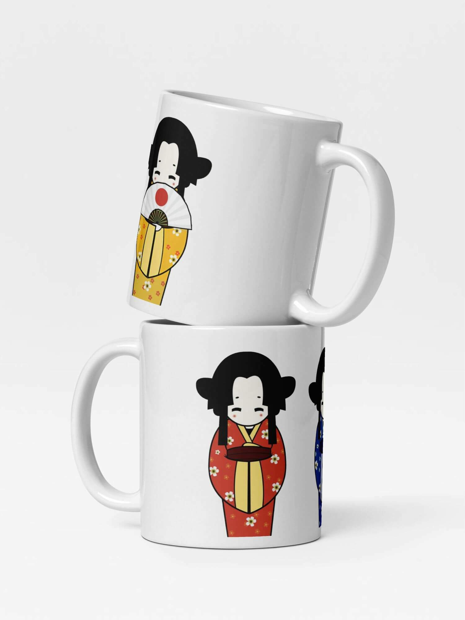 Glossy Geisha Girls Mug        Japan Cartoon traditional Geisha Kimono woman character drinks cup coffee, tea, juice, milk drinking cups miteigi branded product item tumblers ceramics in white with red blue golden pattern Ceramic Anime Gifts girl kimonos hand fan teenagers y2k generation Japanese souvenirs mugs