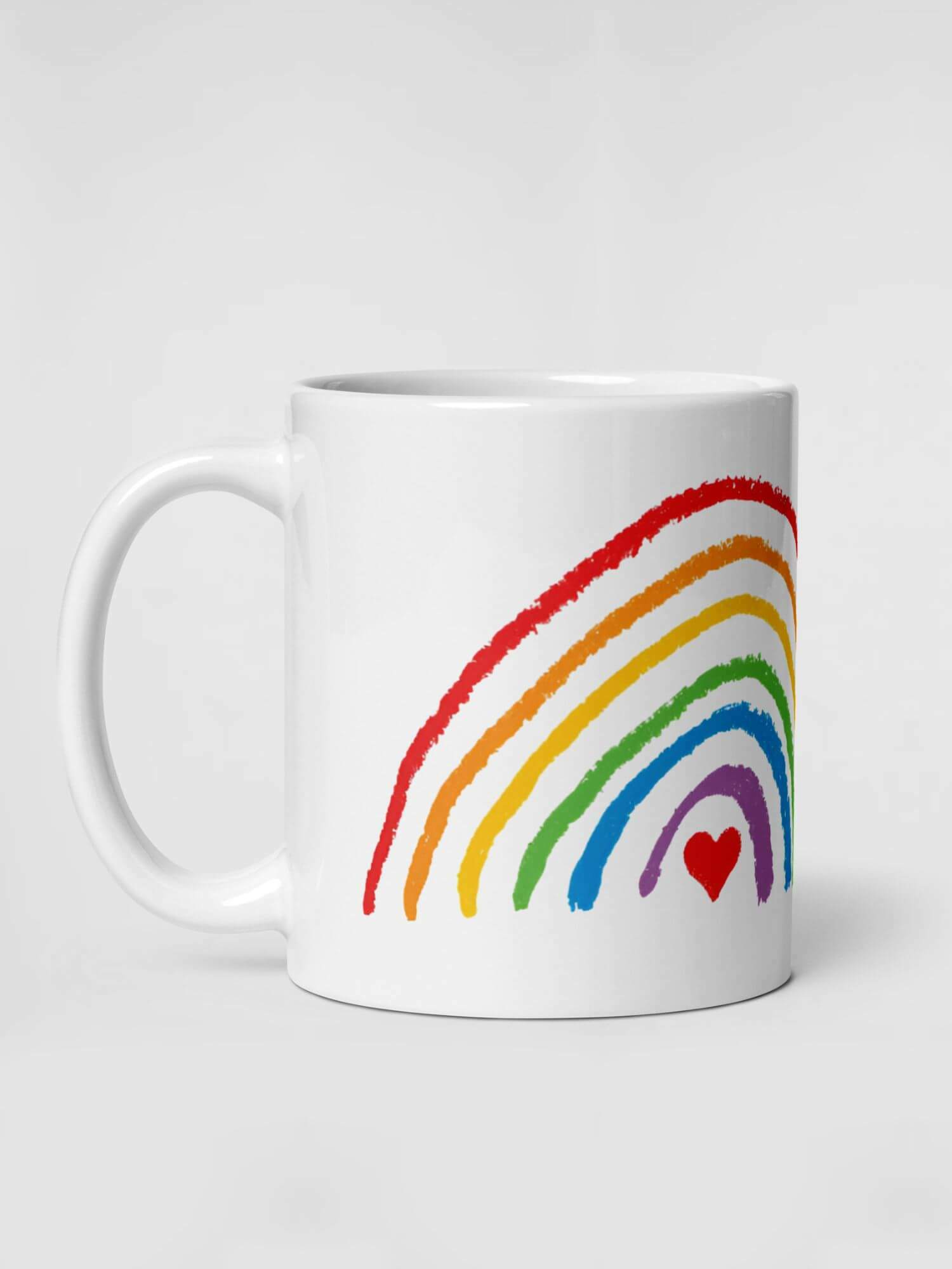 Glossy Rainbow Heart Mug       Cartoon pride character drinks cup coffee, tea, juice, milk drinking cups miteigi branded product item tumblers ceramics in white with multicolor pattern Ceramic Anime Gifts rainbows lgbtqia love hearts pride mugs