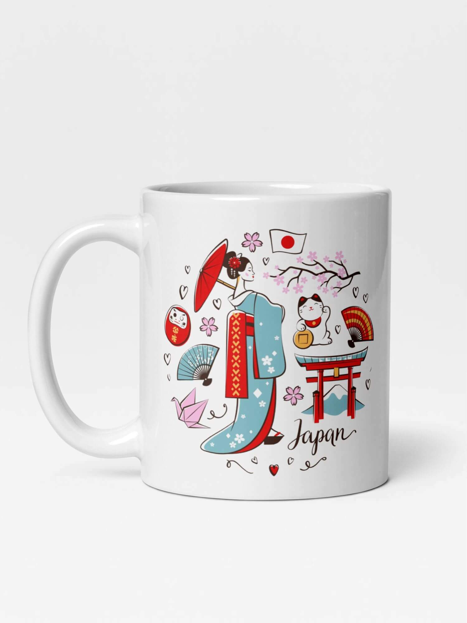 Glossy Japanese Scenes Mug    Country scene design drinks cup coffee, tea, juice, milk drinking cups miteigi-Logo branded product item tumblers ceramics cartoon geisha kimono girl umbrella lucky welcome cat hand fan origami stork bird Tori gate Sakura cherry blossom tree daruma doll love hearts pattern in white with red multicolor design collections Japan nippon JPN Nihon cities souvenirs collectors mugs