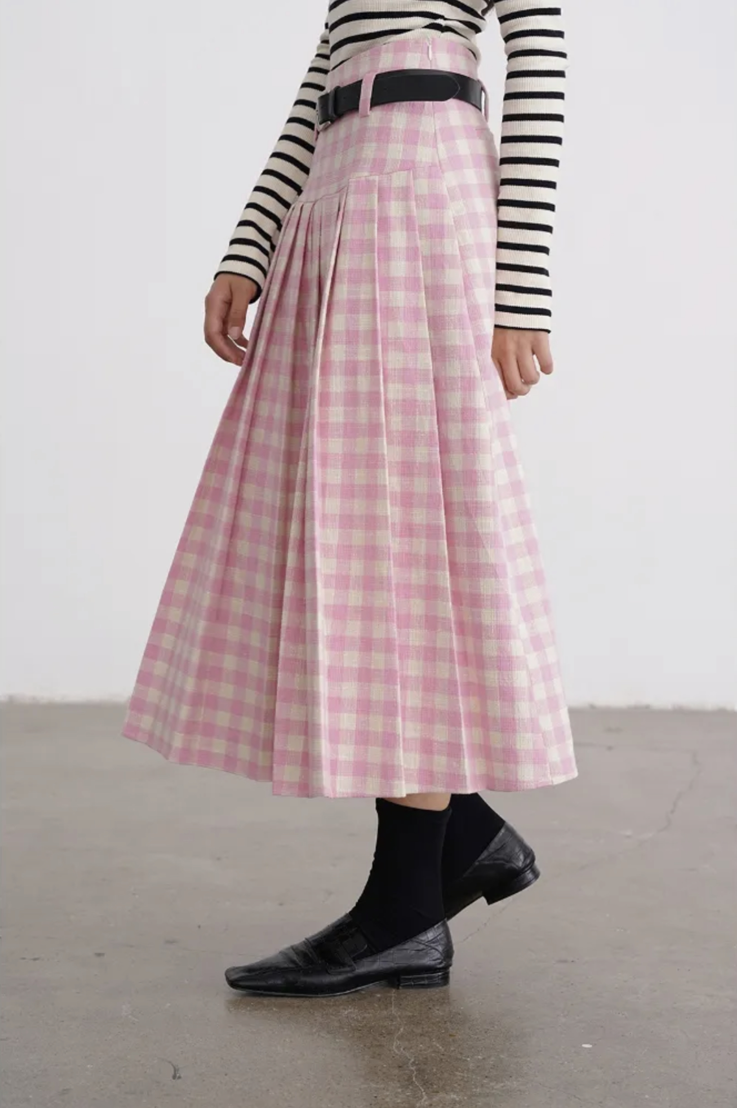 Plaid Pleated Midi Skirt   Women‘s A-line Elegant Pink Vintage Korean Fashion Preppy Skirts for Woman