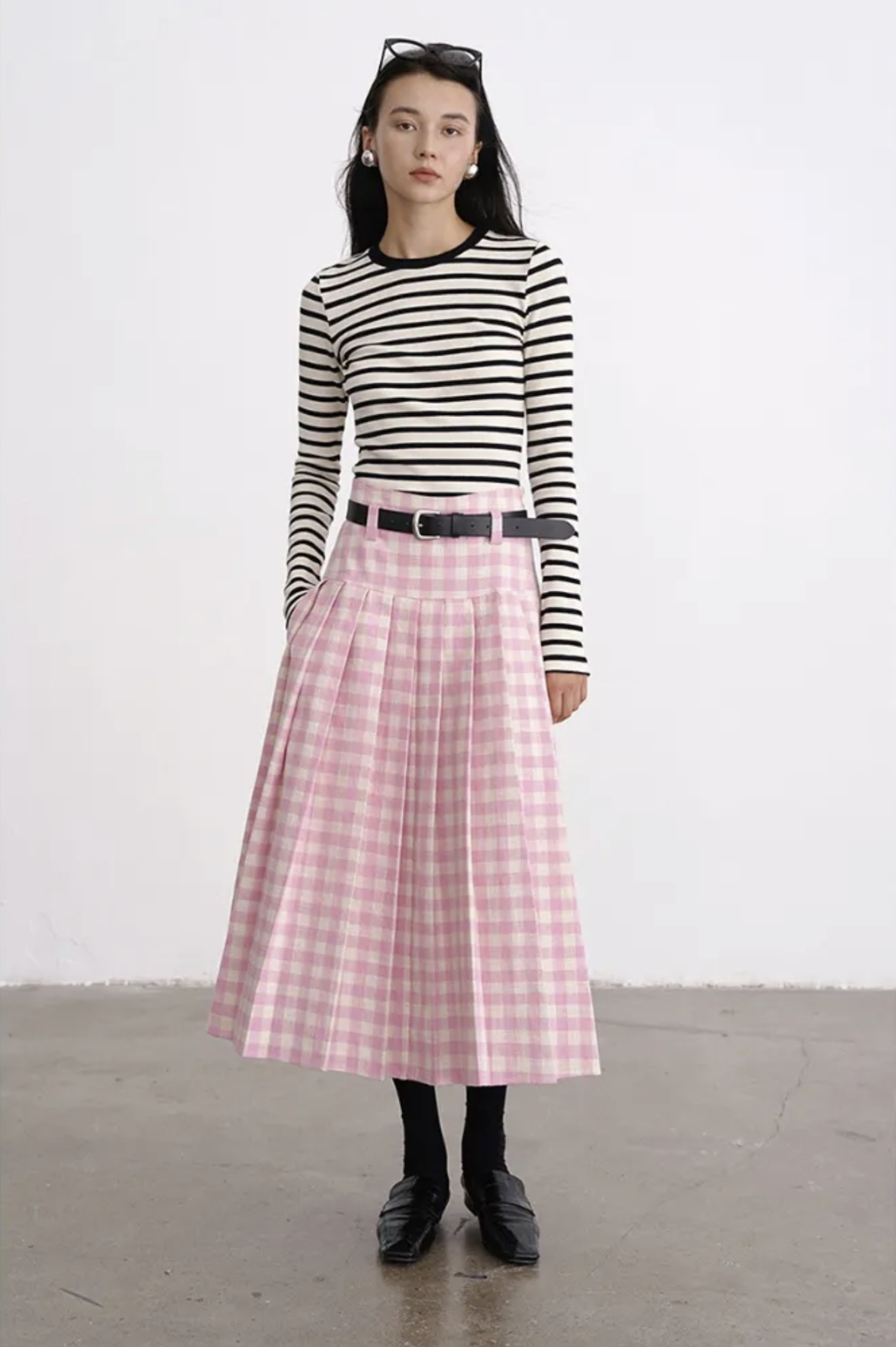 Plaid Pleated Midi Skirt   Women‘s A-line Elegant Pink Vintage Korean Fashion Preppy Skirts for Woman